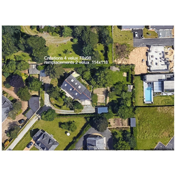 Vue dessus avec 4 velux 78x98 2 velux 114x118. Plan de 0 pièce et 0 m2