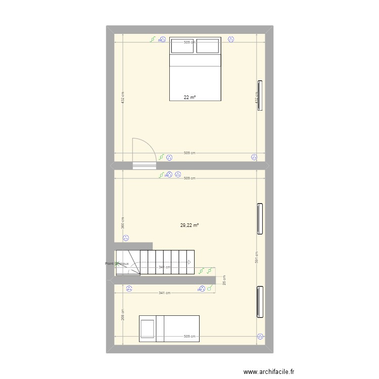 Chambre étage.. Plan de 2 pièces et 51 m2