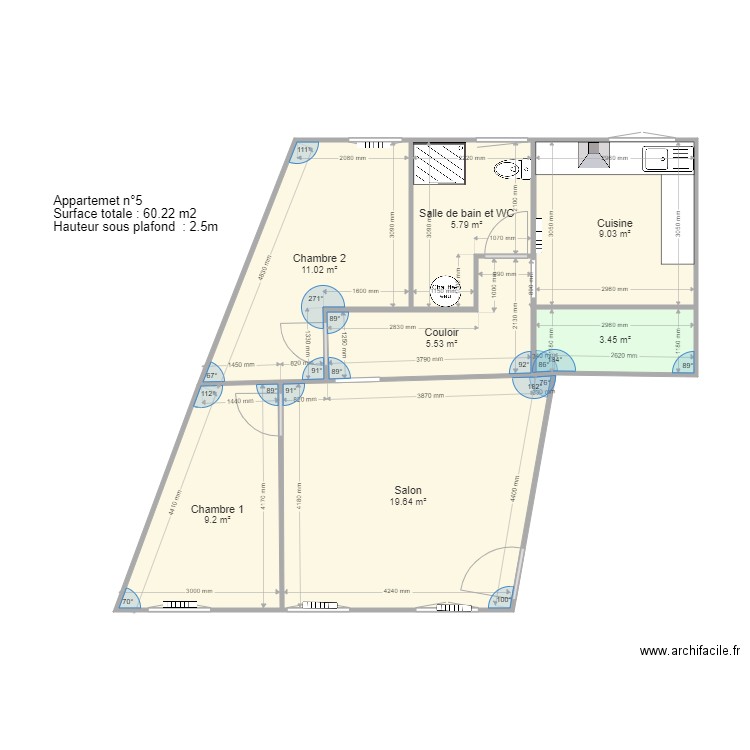 Appartement 3. Plan de 7 pièces et 64 m2