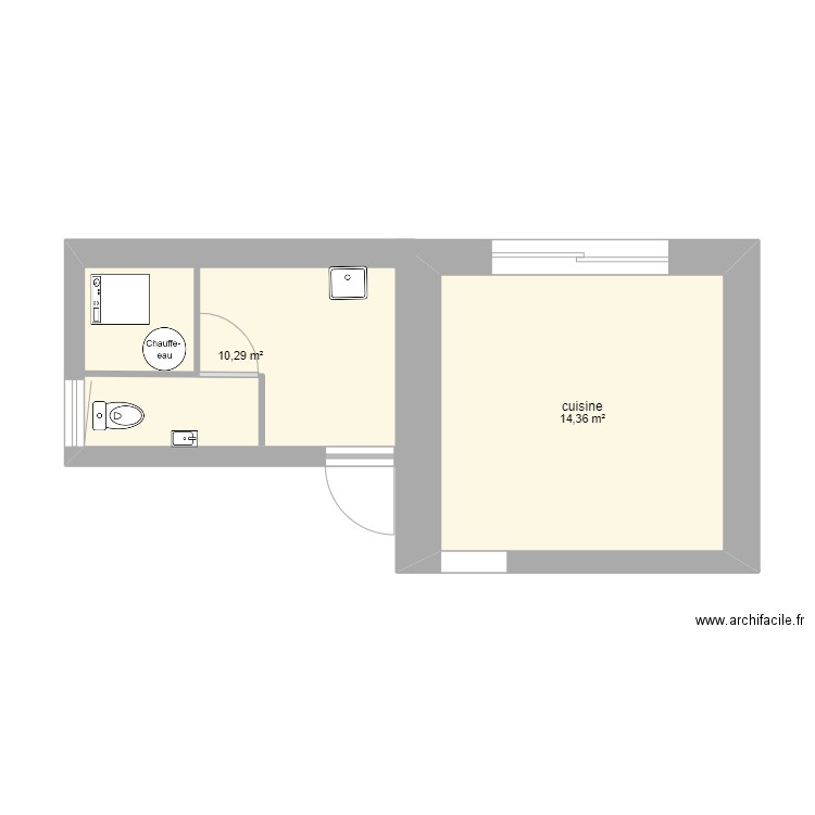 cuisine et buanderie. Plan de 2 pièces et 25 m2