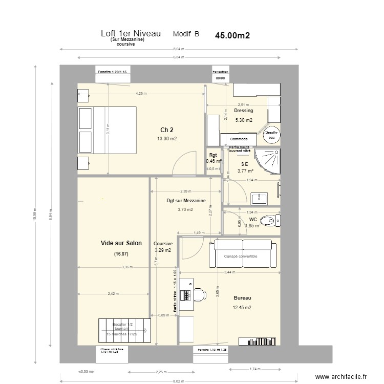 Loft 1 Niveau,Mezzanine +coursive Modif C . Plan de 5 pièces et 59 m2