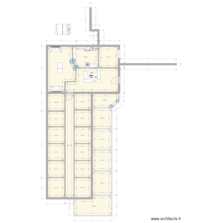 extention. Plan de 23 pièces et 185 m2