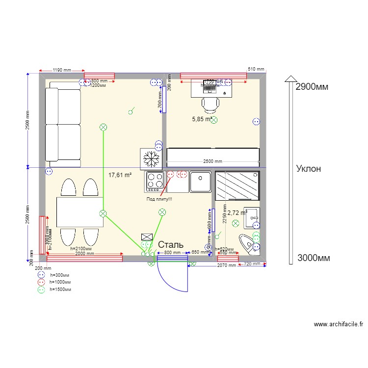  30 61111. Plan de 3 pièces et 26 m2