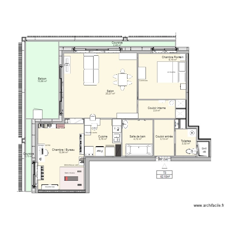 Appart 60m 2. Plan de 11 pièces et 76 m2