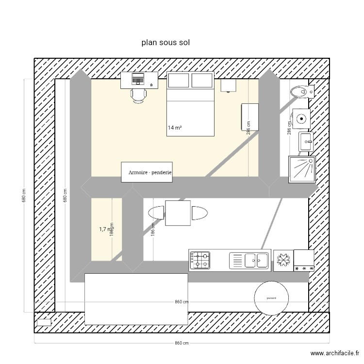 sous sol annexe. Plan de 2 pièces et 16 m2