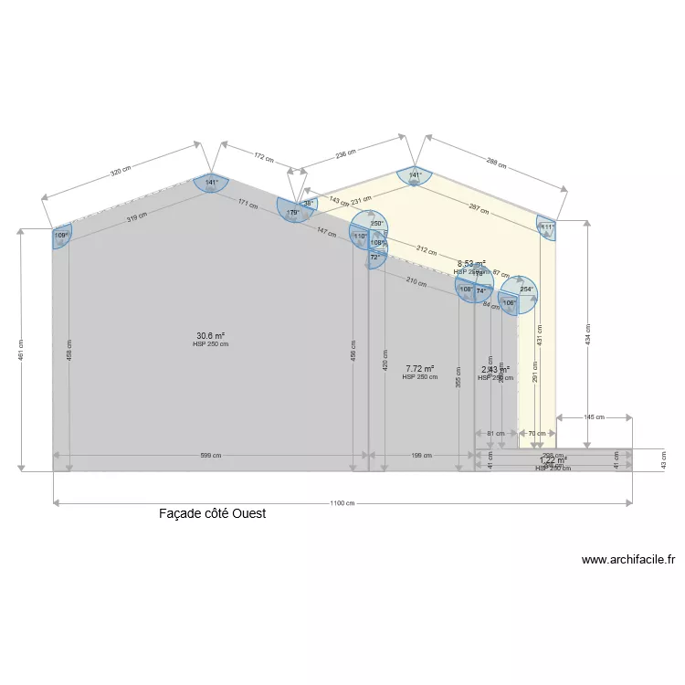 Facade Ouest Villa Riou extension. Plan de 