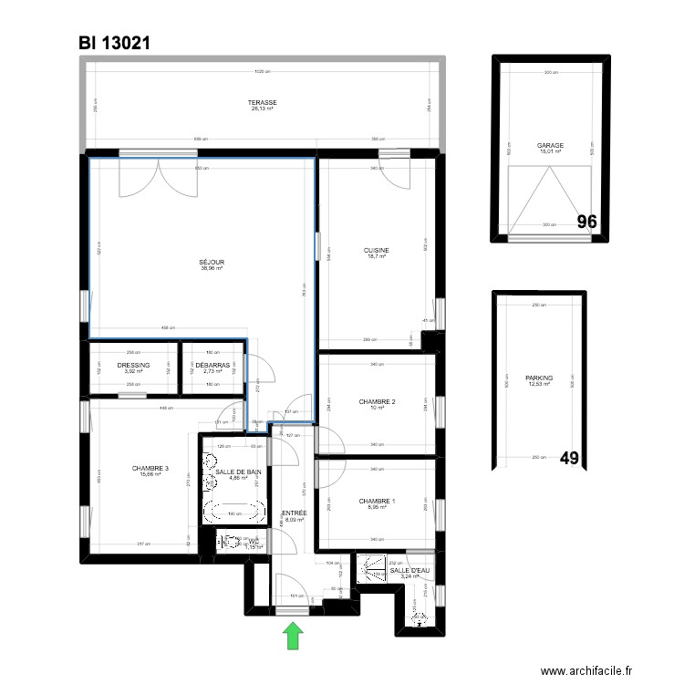 BI 13021. Plan de 18 pièces et 171 m2