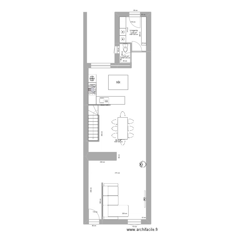Rez de Chaussé - Projet 2. Plan de 3 pièces et 65 m2