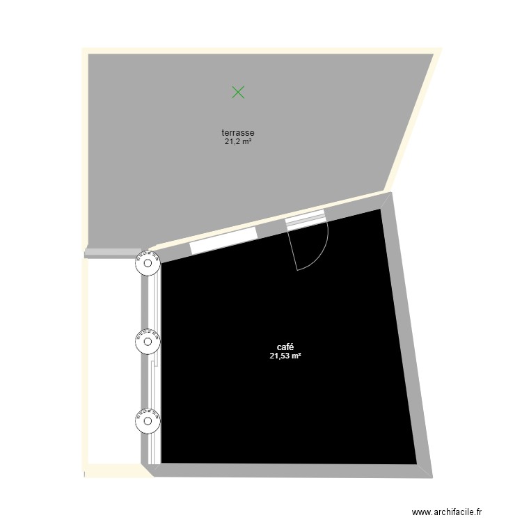 café. Plan de 2 pièces et 43 m2