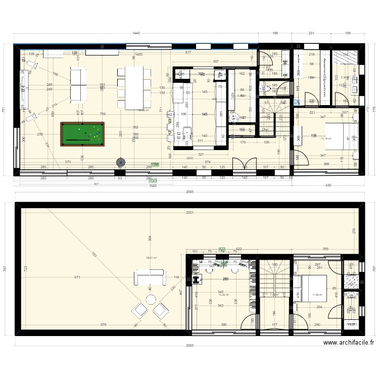 Maison longue 142m2 en RdC. Plan de 13 pièces et 275 m2