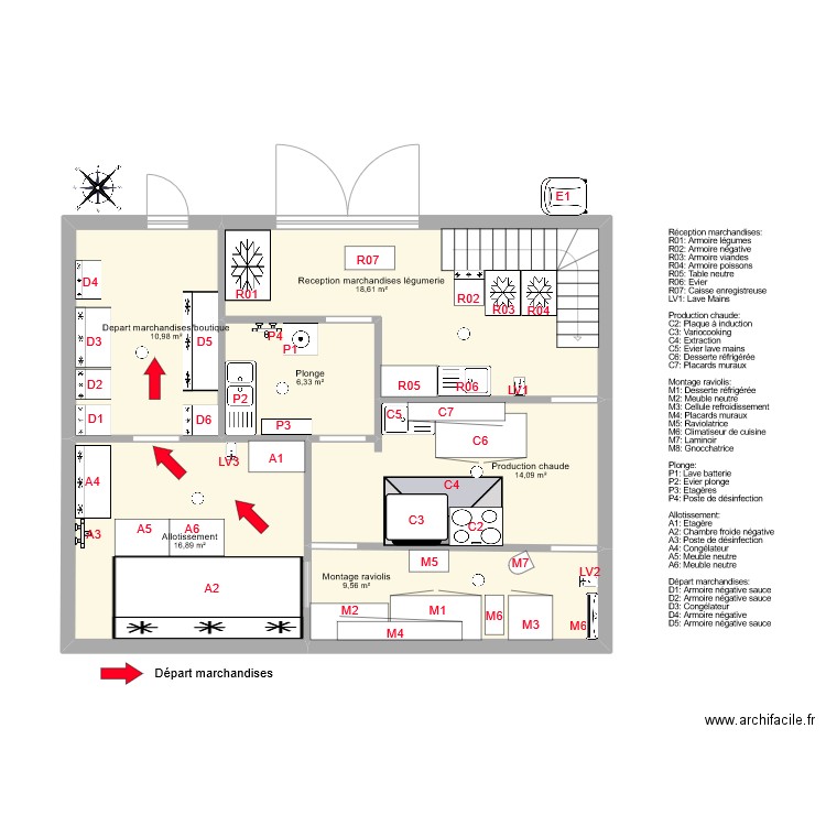RDC plan flux départ marchandises. Plan de 6 pièces et 76 m2