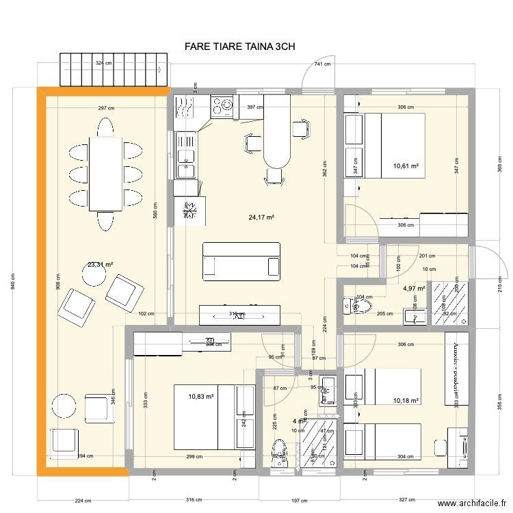 FARE TIARE TAINA 3CH. Plan de 7 pièces et 88 m2