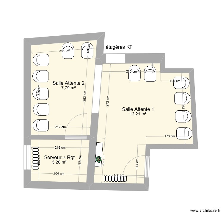 Albertas Serveur / Salle attente double. Plan de 3 pièces et 23 m2
