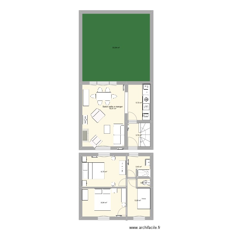 7 Paix RDC. Plan de 9 pièces et 90 m2