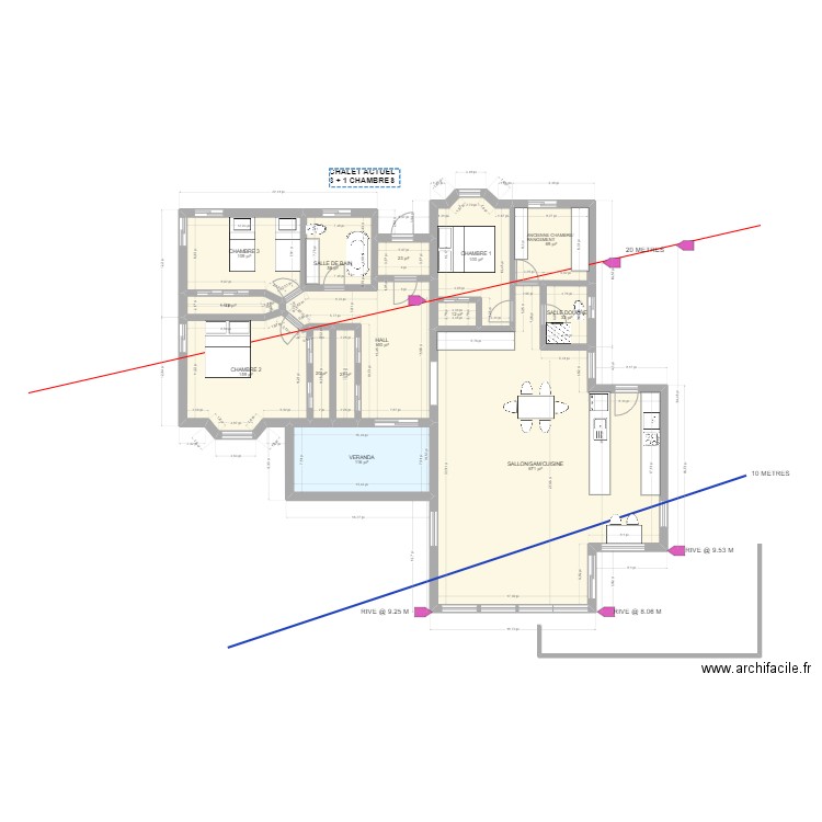 vieux chalet réno. Plan de 14 pièces et 145 m2