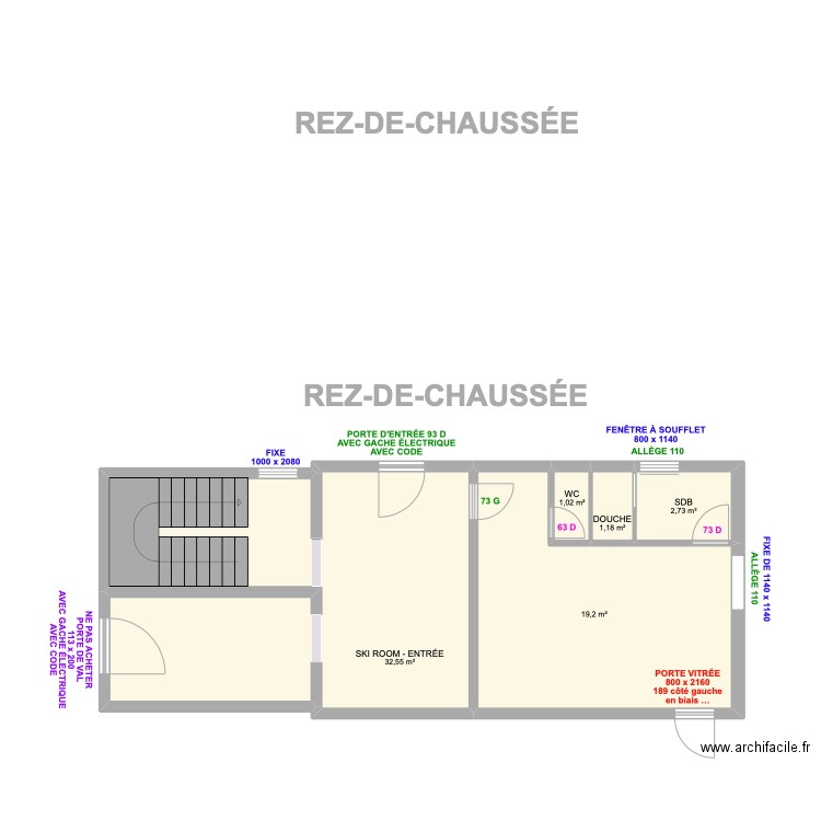 REZ-DE-CHAUSSÉE PORTES ET FENÊTRES. Plan de 5 pièces et 57 m2