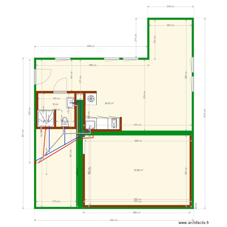 Studio Jo plombier. Plan de 3 pièces et 68 m2