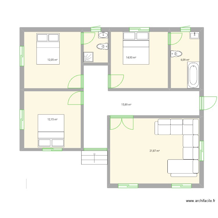 KEITA. Plan de 6 pièces et 83 m2