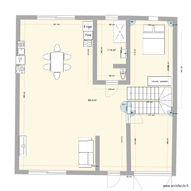 L 1. Plan de 2 pièces et 88 m2