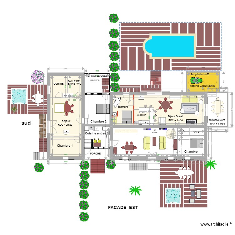 plan transformation en 1T3 et 2 T4 séparés. Plan de 3 pièces et 120 m2