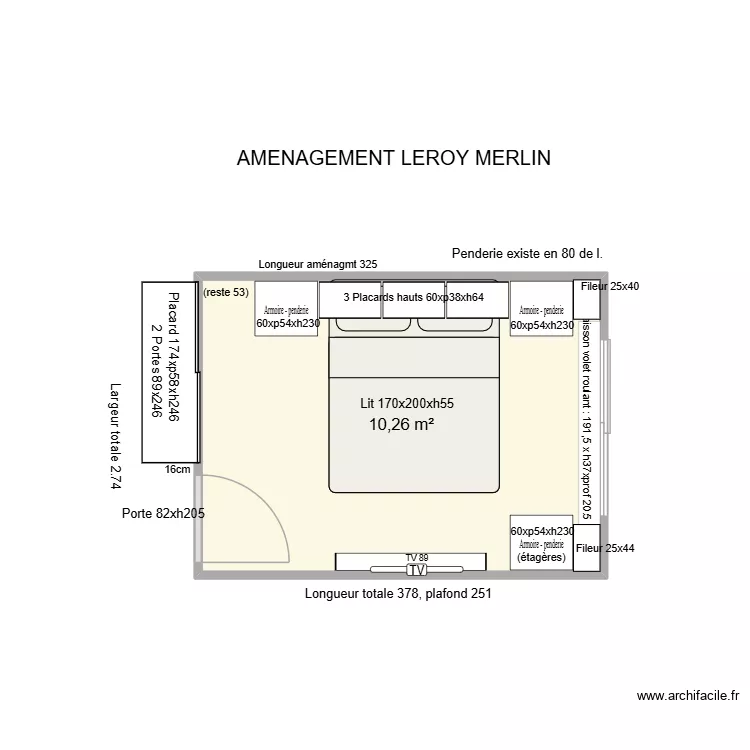 Chambre B avec mobilier Leroy Merlin. Plan de 1  et 10 m²