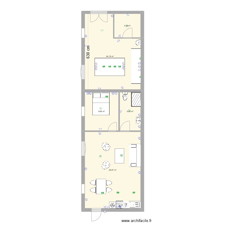 studio + atelier. Plan de 5 pièces et 72 m2