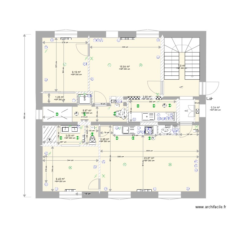 R et R1 Plan élec et plomberie V2. Plan de 11 pièces et 82 m2