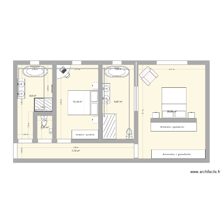 Etage grange. Plan de 6 pièces et 68 m2