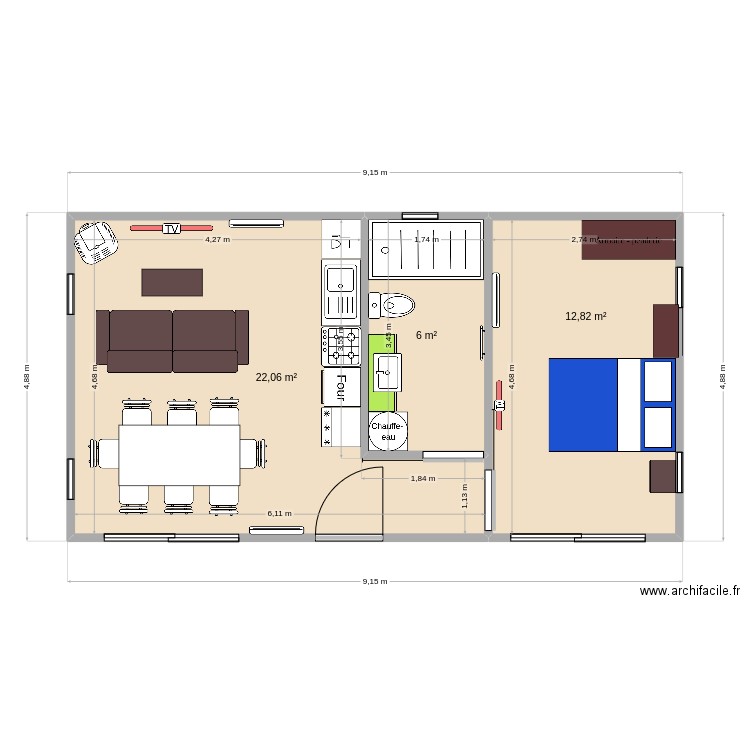 1ch 40m2. Plan de 3 pièces et 41 m2