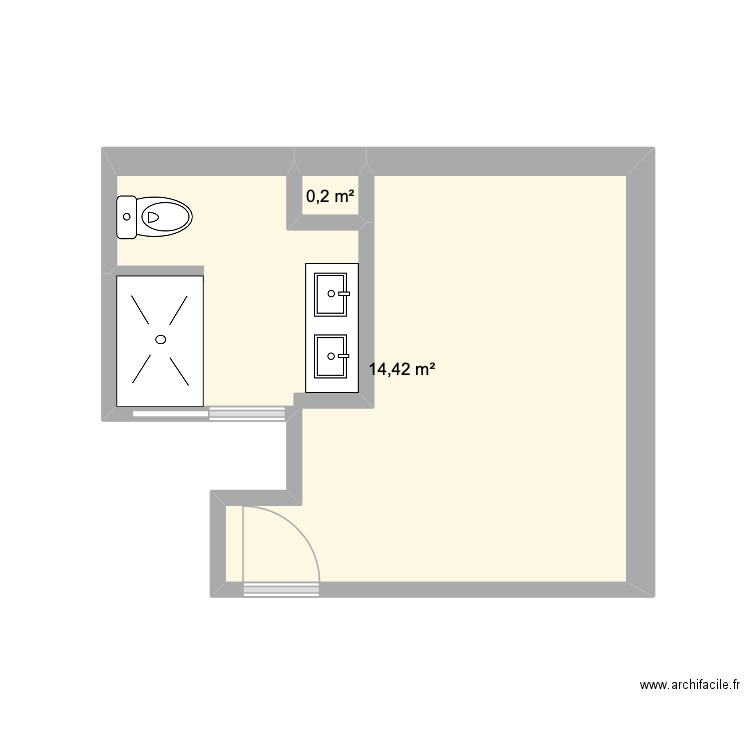 Chambre + SDB. Plan de 2 pièces et 15 m2