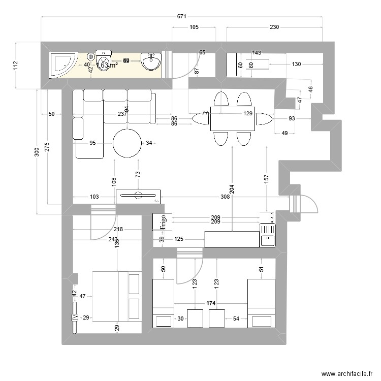 Kuca. Plan de 1 pièce et 2 m2