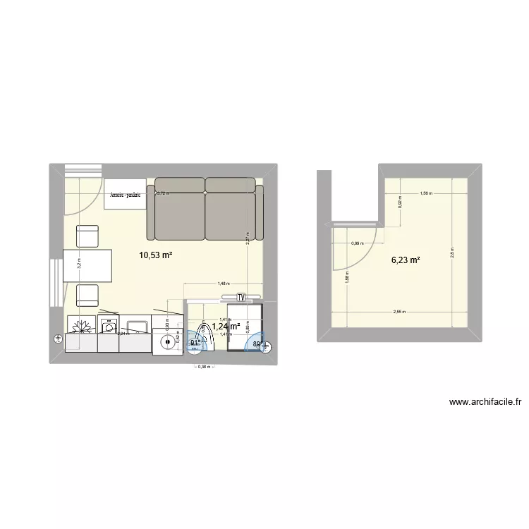 RENNES RDC 2. Plan de 3 Pièces et 18 m²