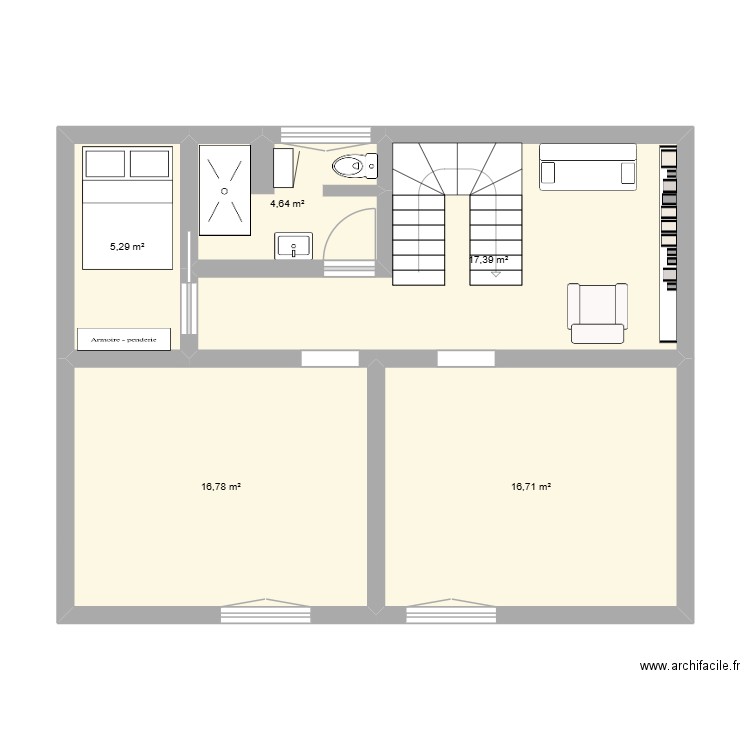 avec chambre d'ami + mur. Plan de 5 pièces et 61 m2