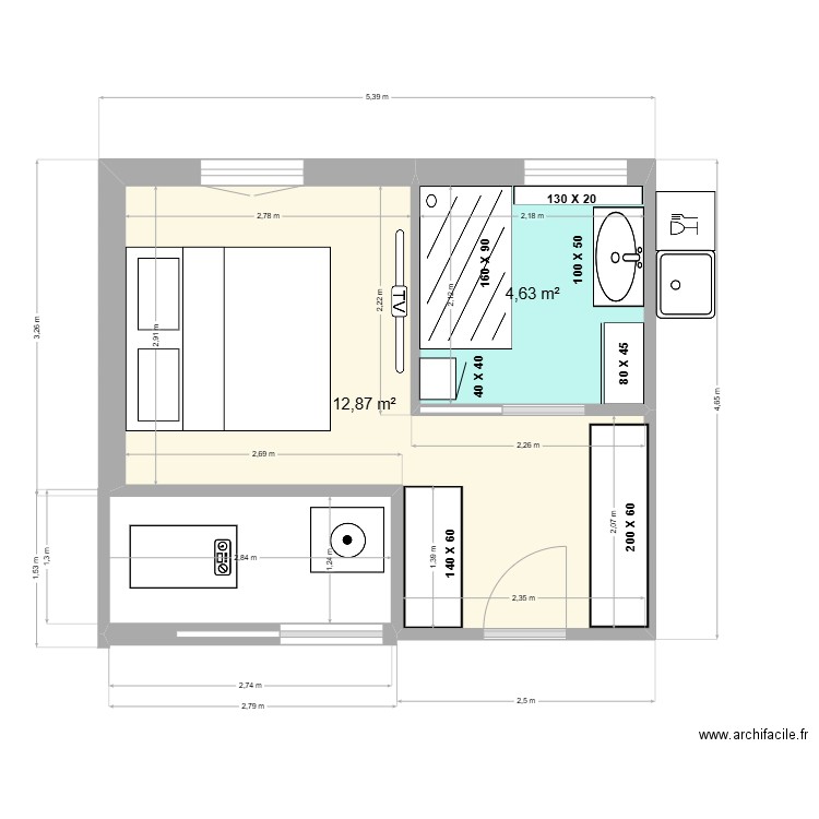 chambre parentale. Plan de 2 pièces et 18 m2