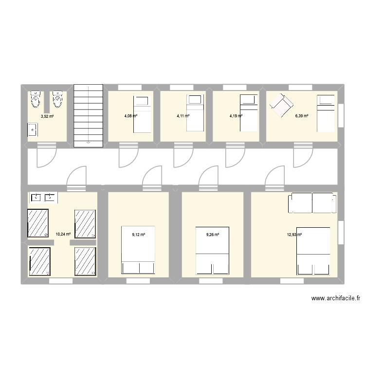 1er glore. Plan de 9 pièces et 64 m2