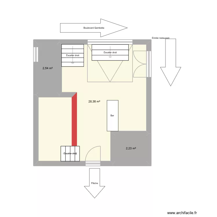 Snack nouveau. Plan de 3 pièces et 33 m²