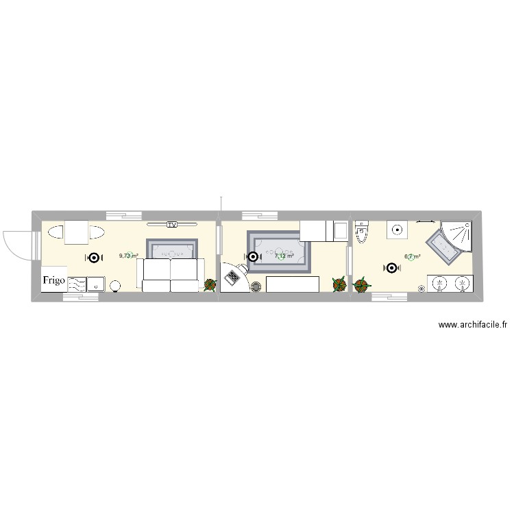 aménagement d'un conteneur. Plan de 3 pièces et 24 m2