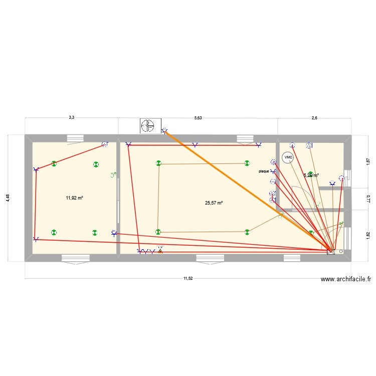 eclairage et prise. Plan de 3 pièces et 43 m2