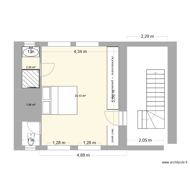 1er etage. Plan de 3 pièces et 28 m2