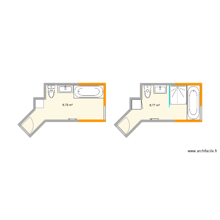 Salle de bain ng. Plan de 2 pièces et 14 m2