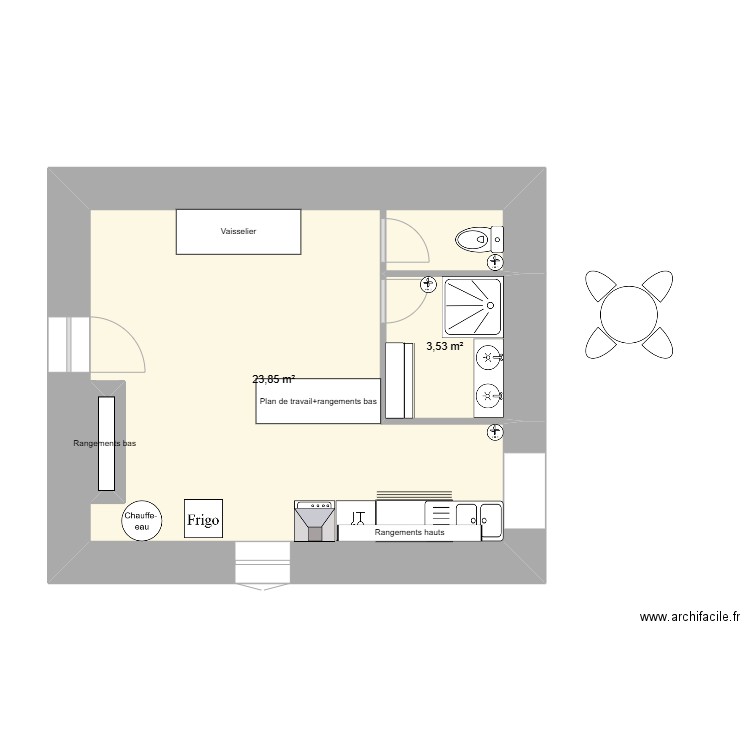 Cuisine Sdb Wc. Plan de 2 pièces et 28 m2