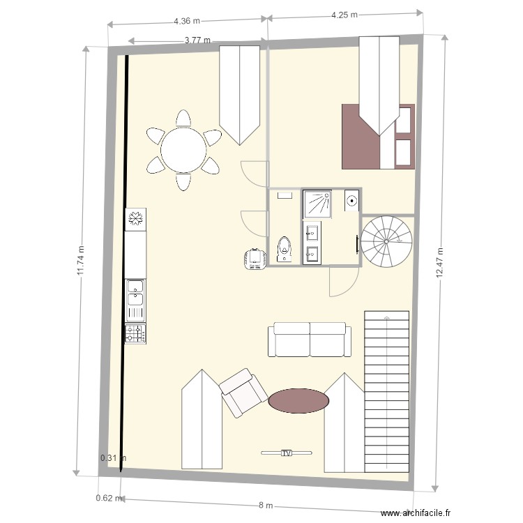 Appart sous toit. Plan de 3 pièces et 99 m2