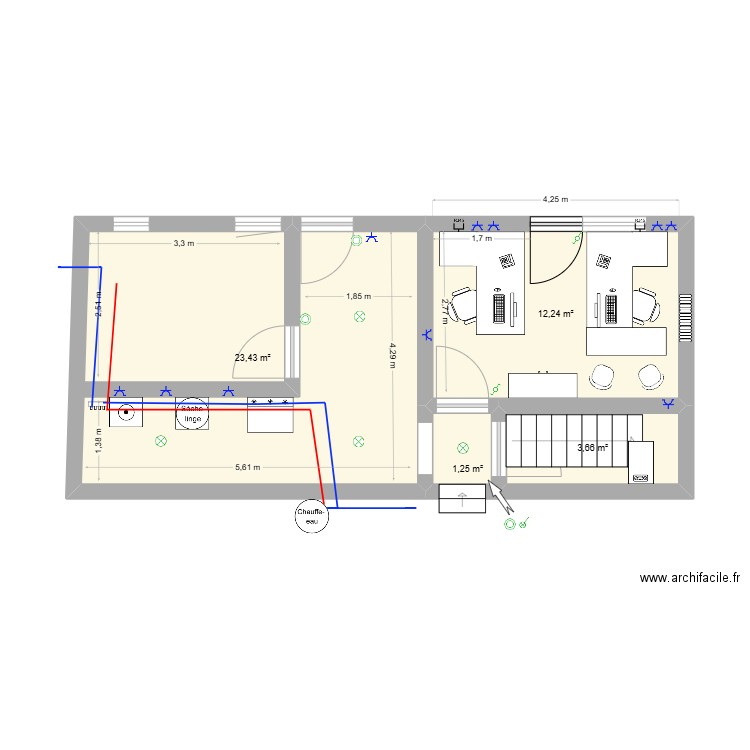 bureau. Plan de 4 pièces et 41 m2