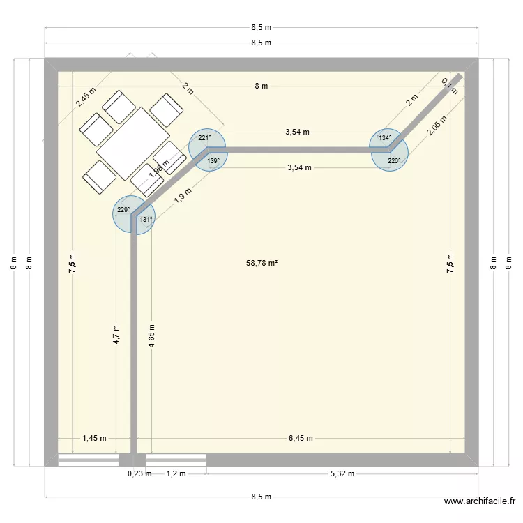 Jardin formhigu&egrave;res espace table. Plan de 1  et 59 m²