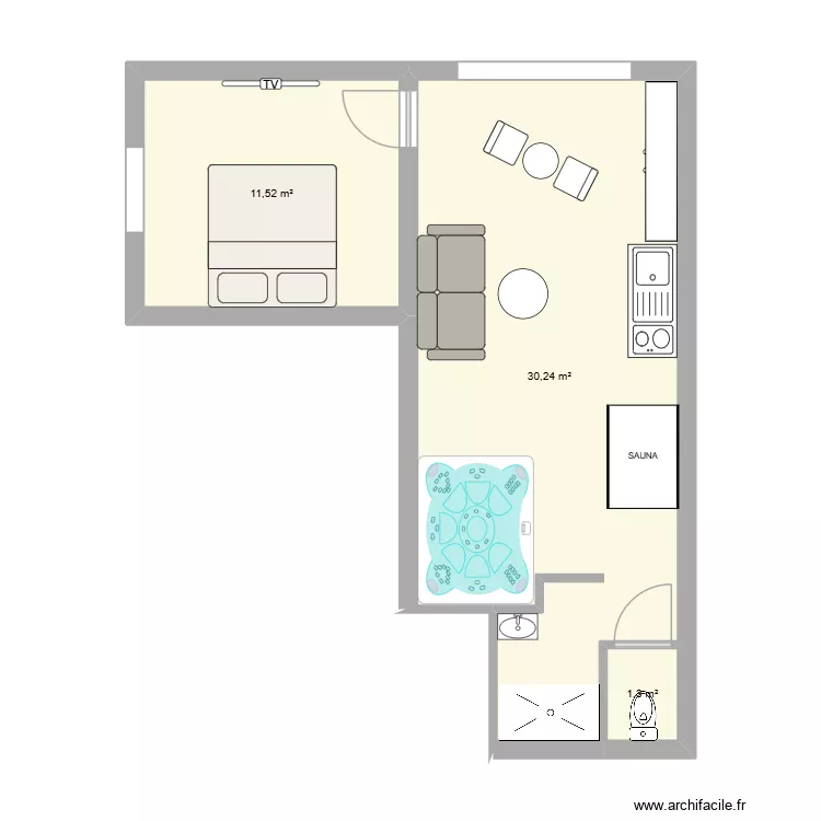 love room. Plan de 3 Pièces et 43 m²