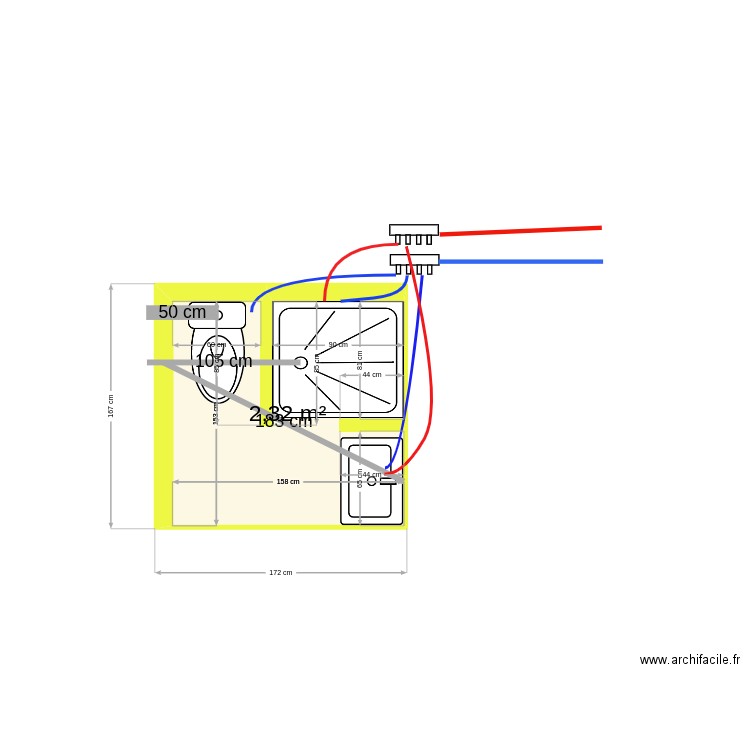 salle bain. Plan de 1 pièce et 2 m2