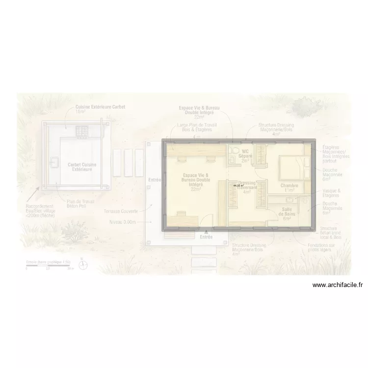 Airbnb. Plan de 1  et 44 m²