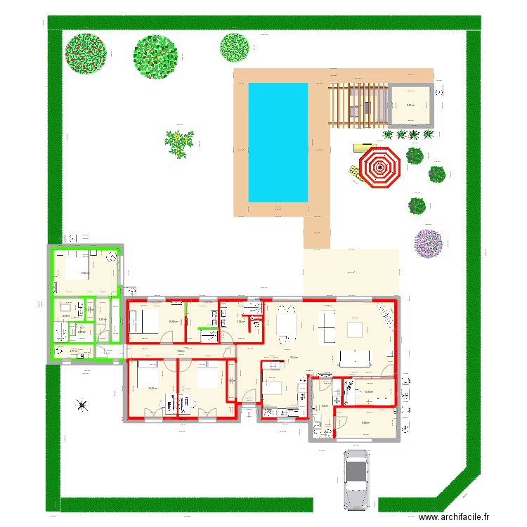 Maison avec extension. Plan de 19 pièces et 174 m2