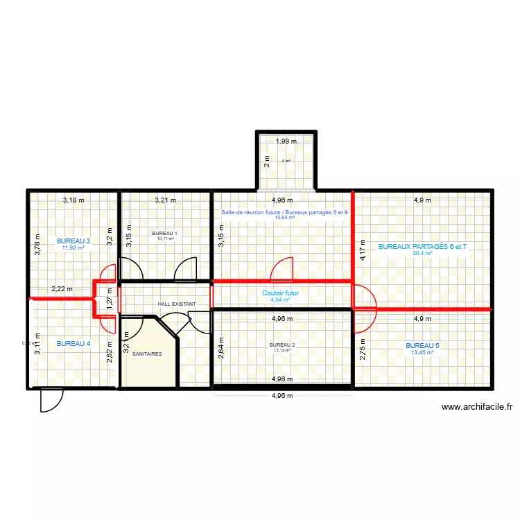 bureaux futurs 3. Plan de 13  et 114 m²