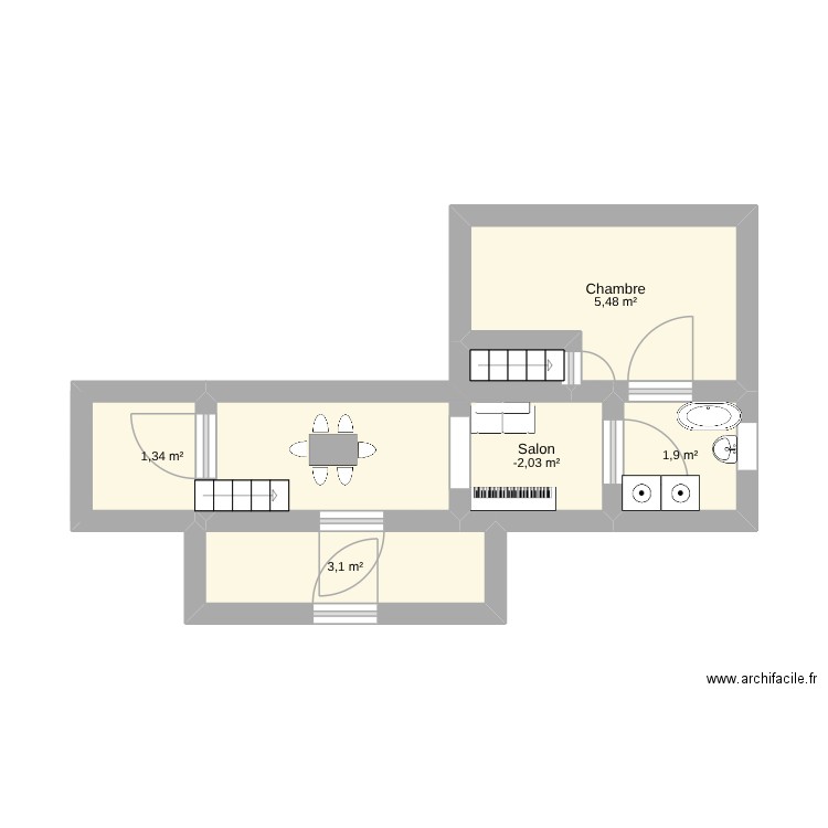 Les chiens. Plan de 5 pièces et 14 m2